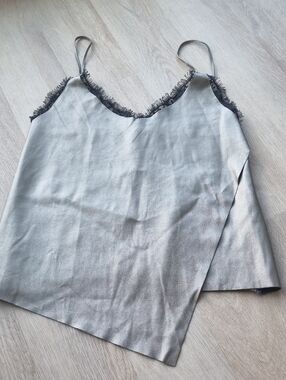 Zara Silver Faux Leather Cami with Black Lace Trim